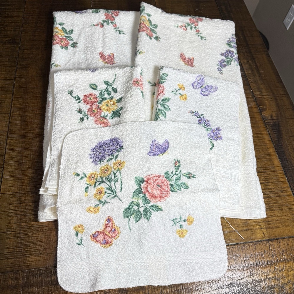 VTG NOS Fieldcrest Floral w/Butterflies 5‎ Piece Towel Set USA Cotton Cottage